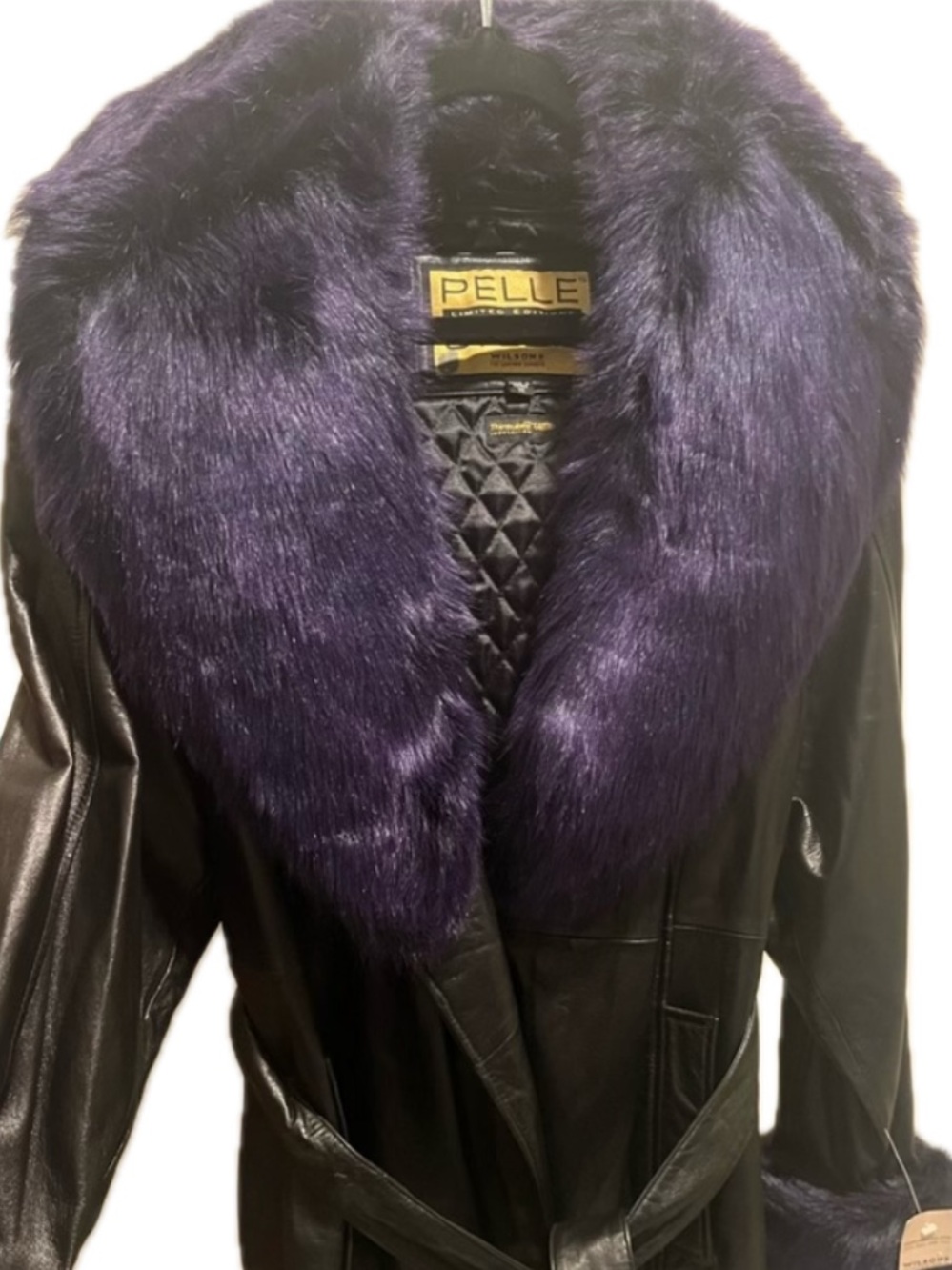 NWT Wilsons Purple Faux Fur LIMITED EDITION Vintage Black Leather Jacket Coat